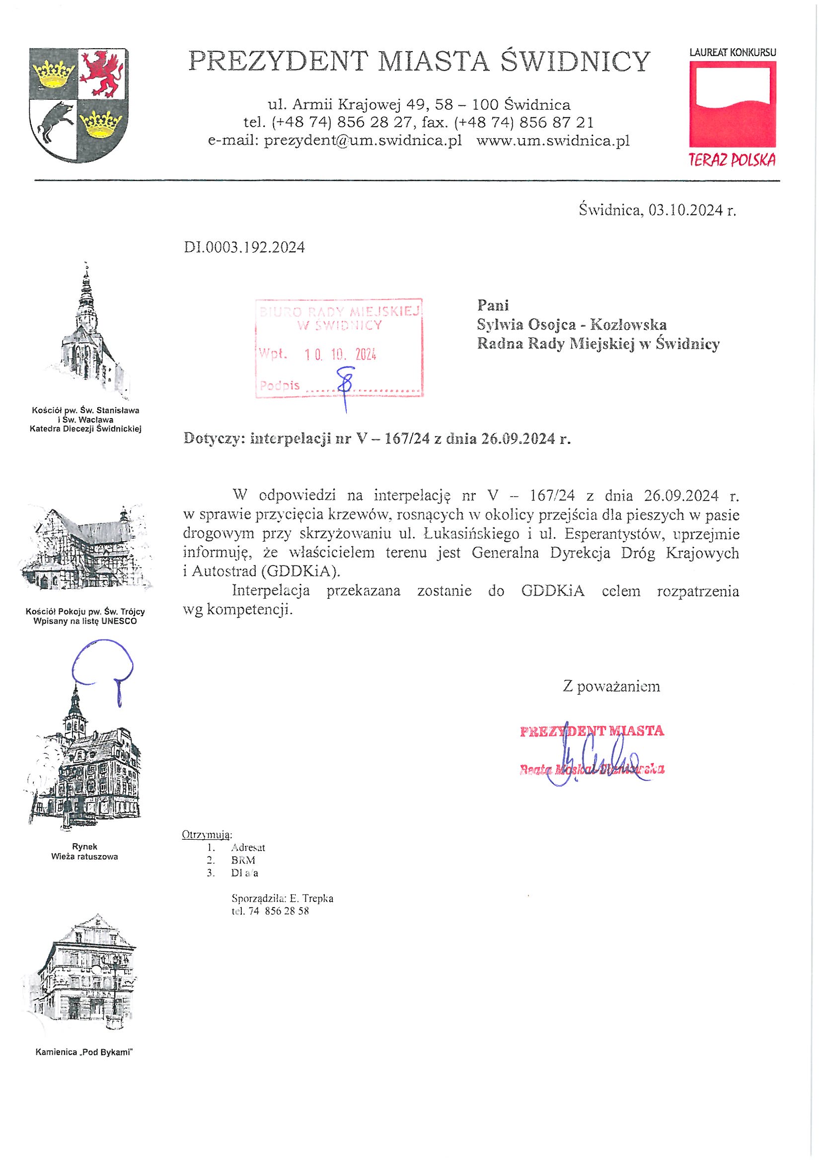 odpowiedz na interpelacje nr V 167 24 Strona 1